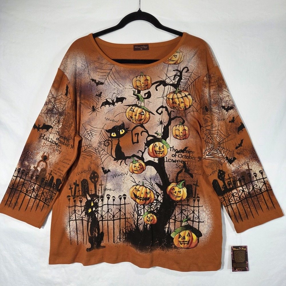 NWT Flower N Ring Halloween Top Women 2X Orange Pumpkin Cat Graphic Gem Art